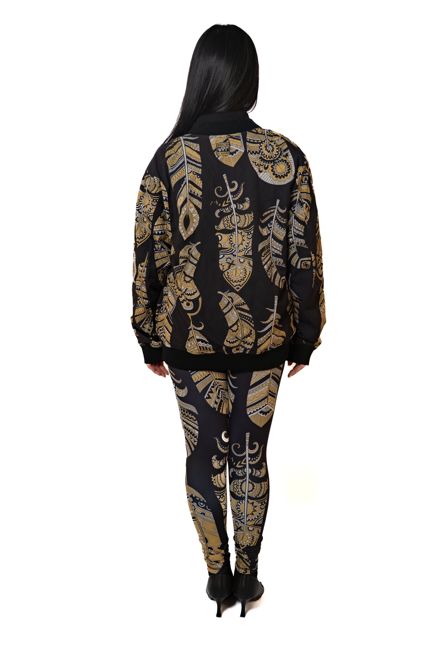 Gold Feather Print Reversible Bomber Jacket