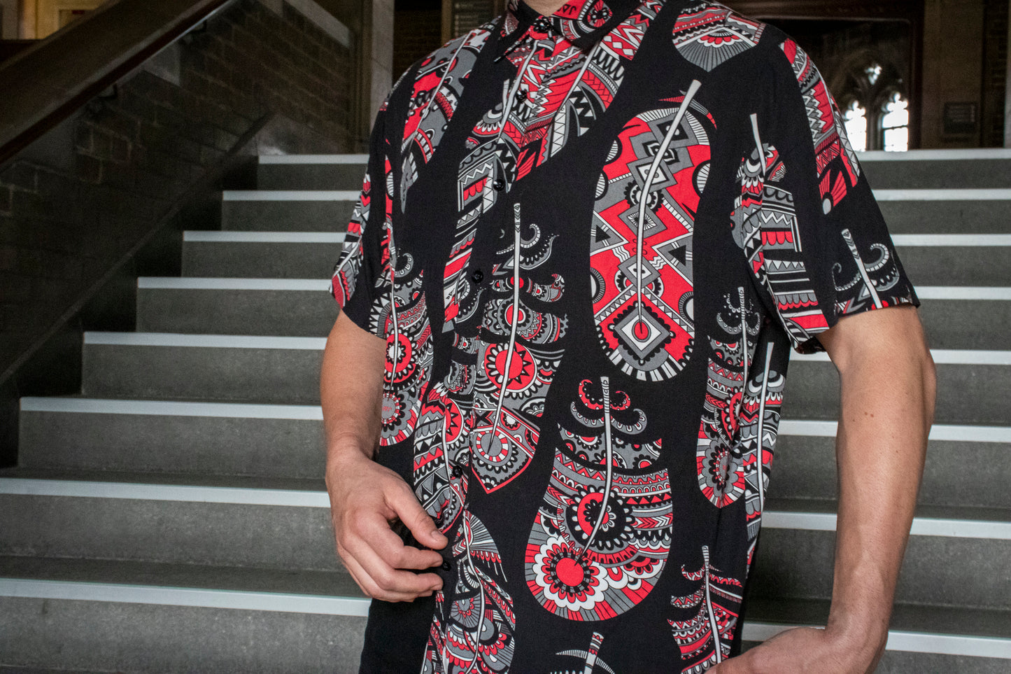 Red Neechi Feather Button Up Shirt