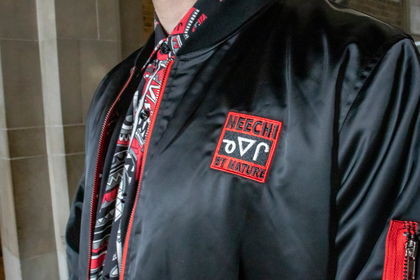 Reversible Red Neechi Feather Bomber Jacket