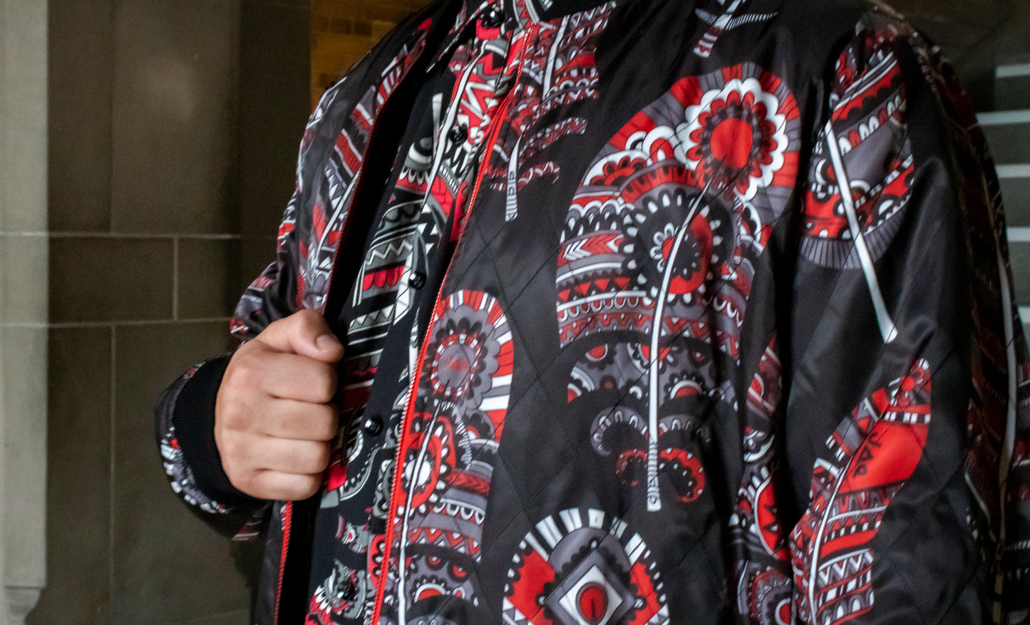 Reversible Red Neechi Feather Bomber Jacket