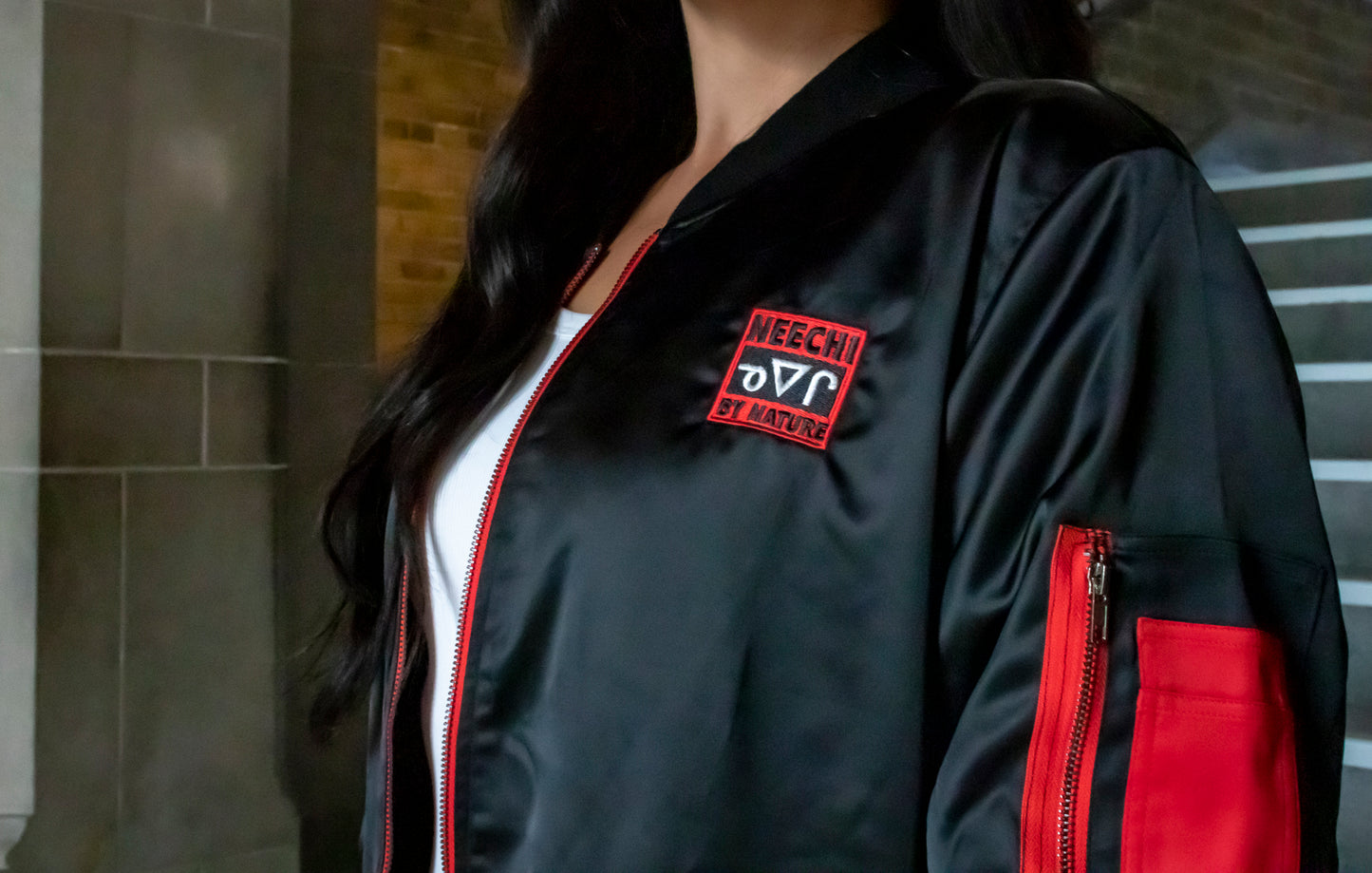 Reversible Red Neechi Feather Bomber Jacket