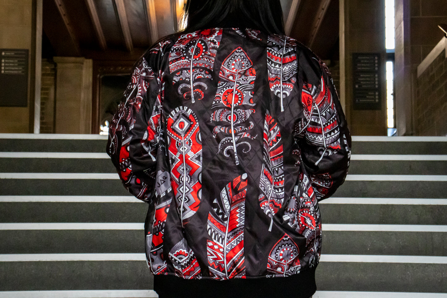 Reversible Red Neechi Feather Bomber Jacket