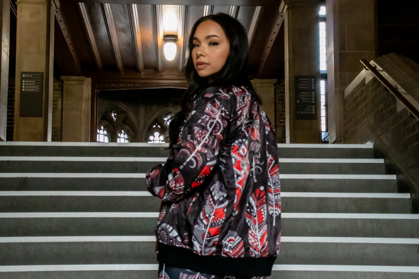 Reversible Red Neechi Feather Bomber Jacket