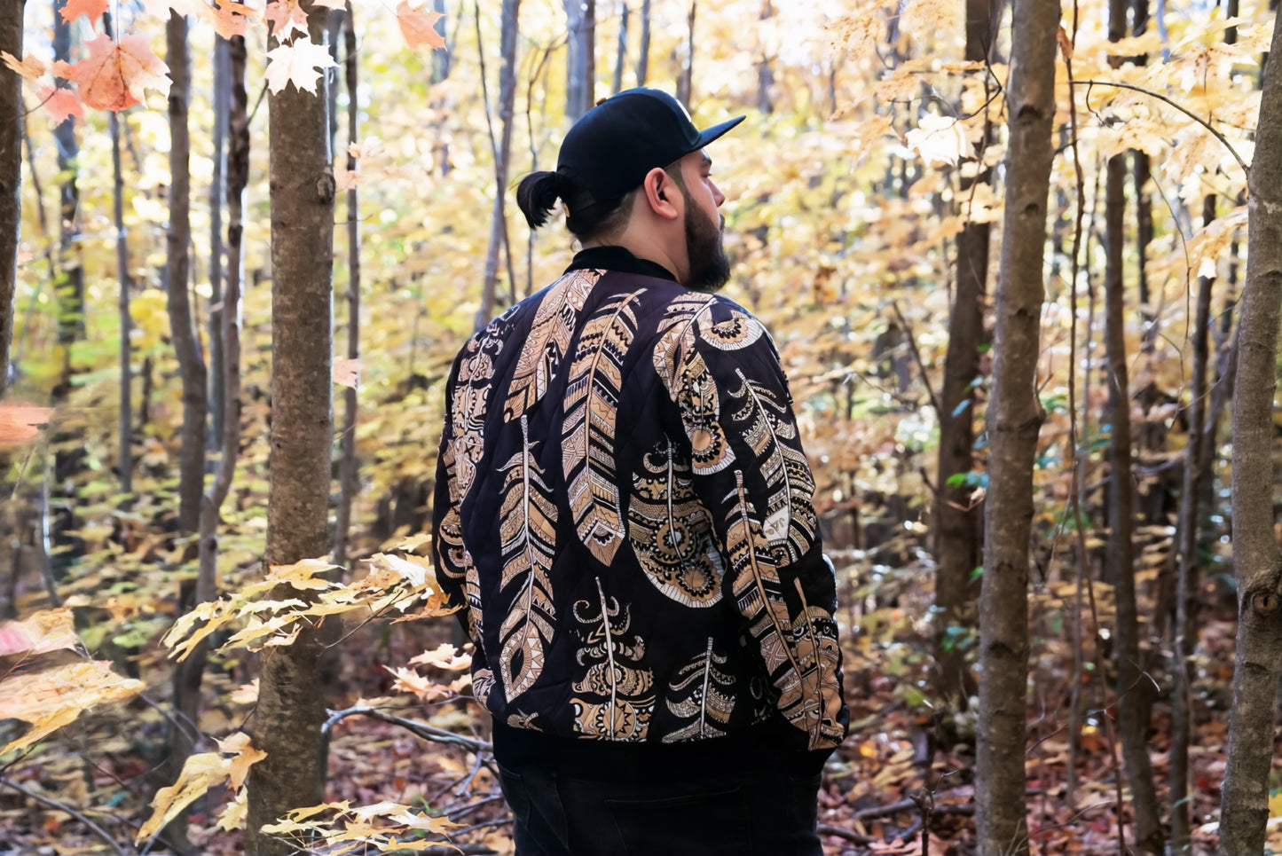 Gold Feather Print Reversible Bomber Jacket