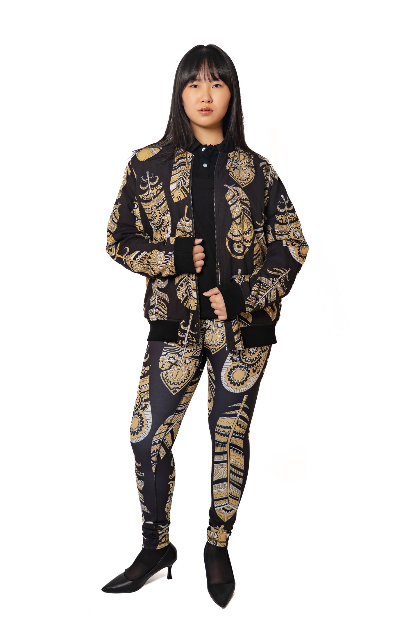 Gold Feather Print Tights (Leggings)