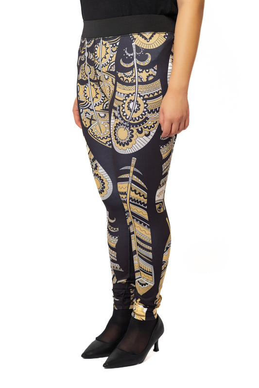 Gold Feather Print Tights (Leggings)