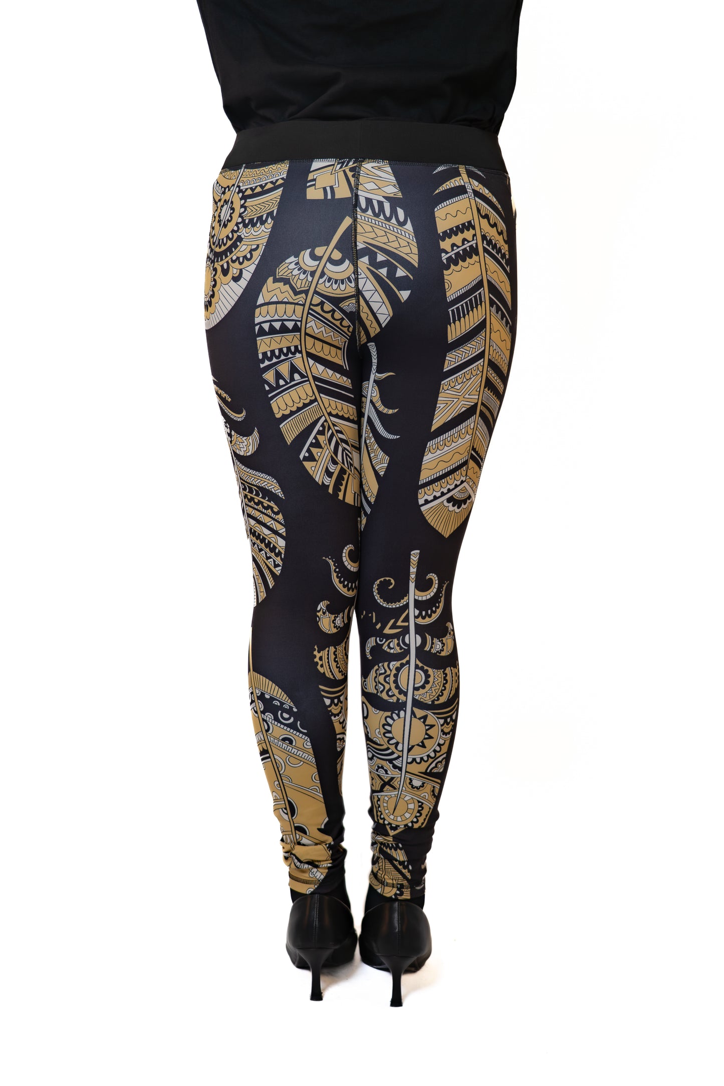 Gold Feather Print Tights (Leggings)