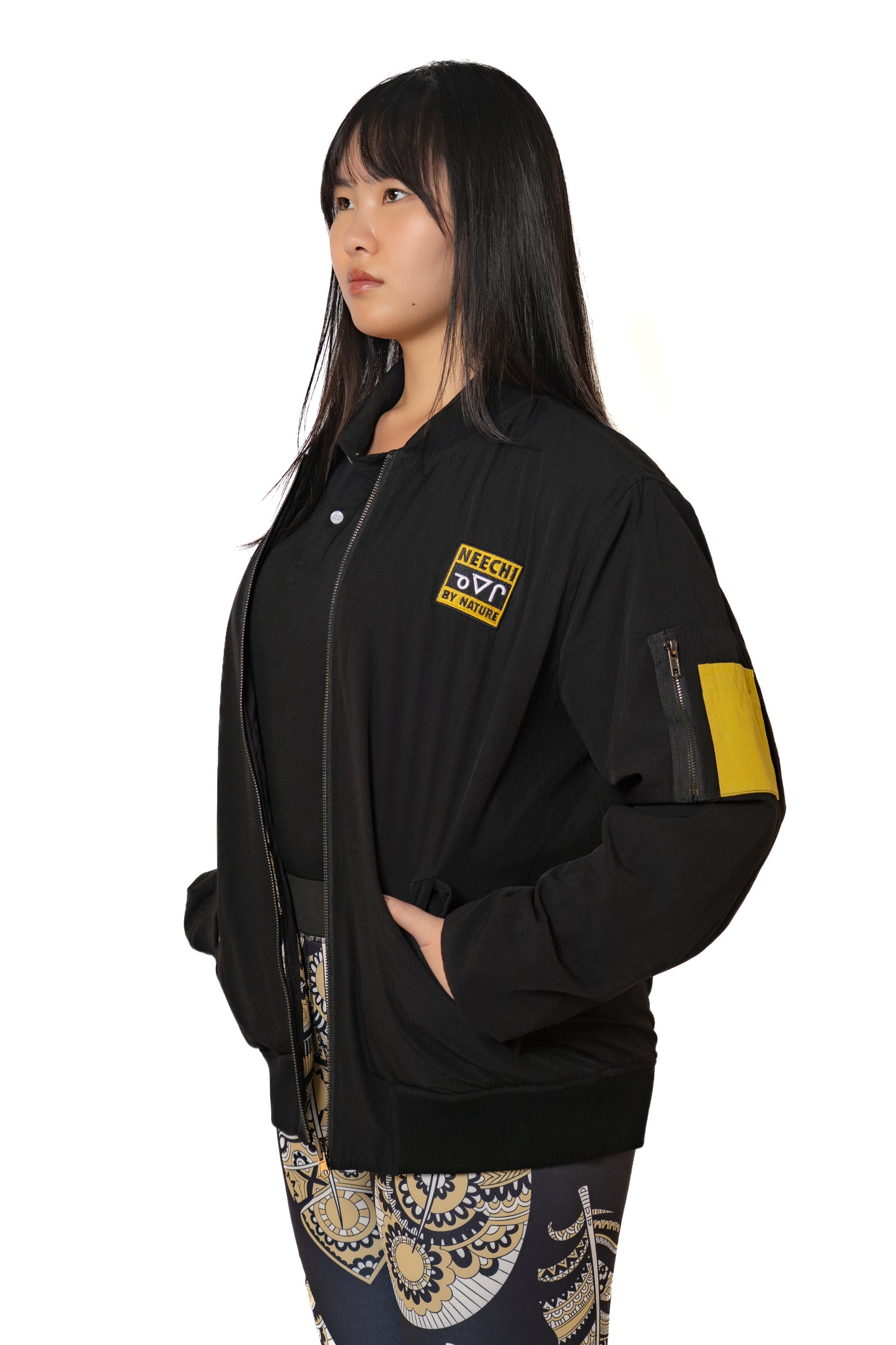 Gold Feather Print Reversible Bomber Jacket
