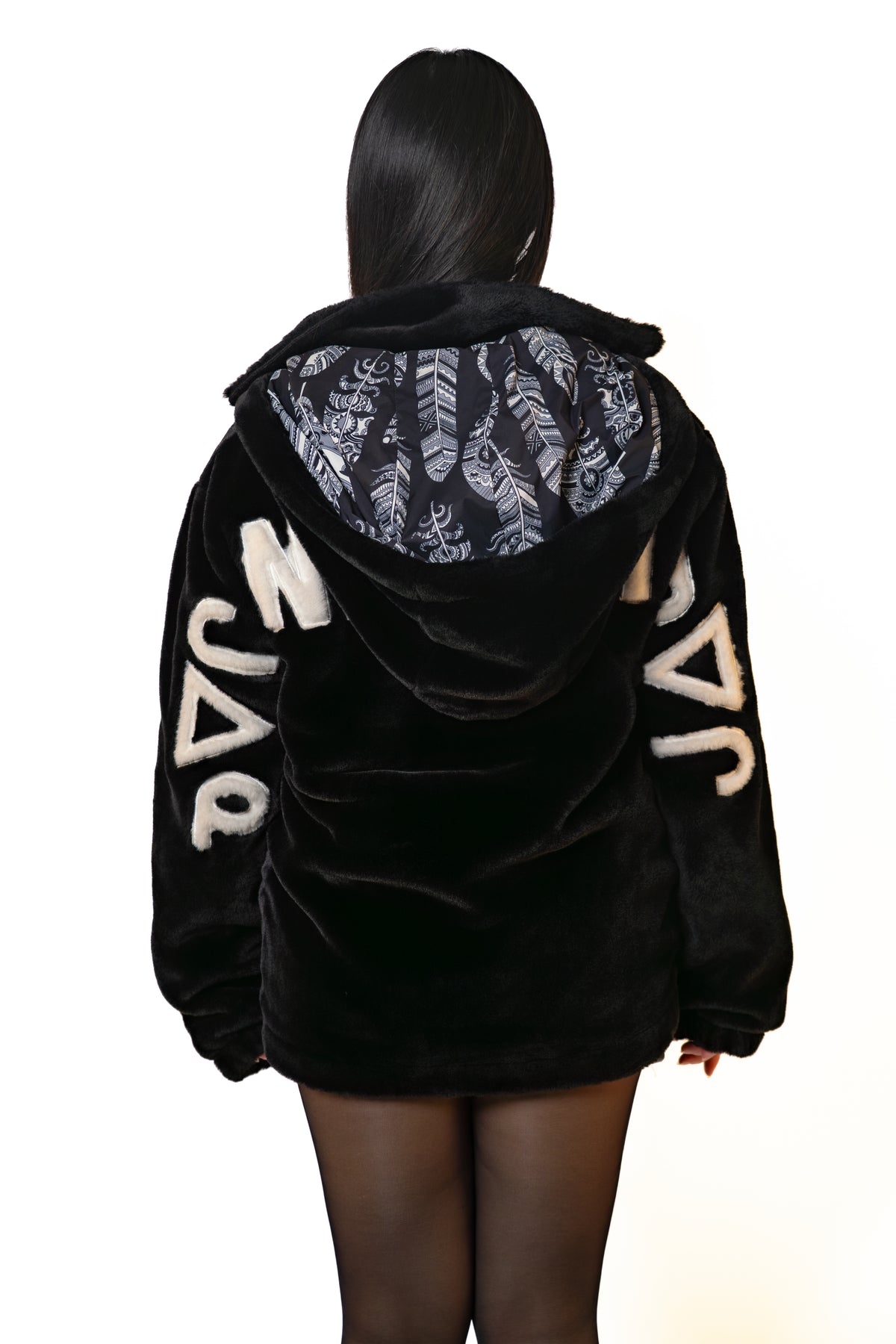 Faux Fur Jacket With Neechi Syllabics (Pre Order)