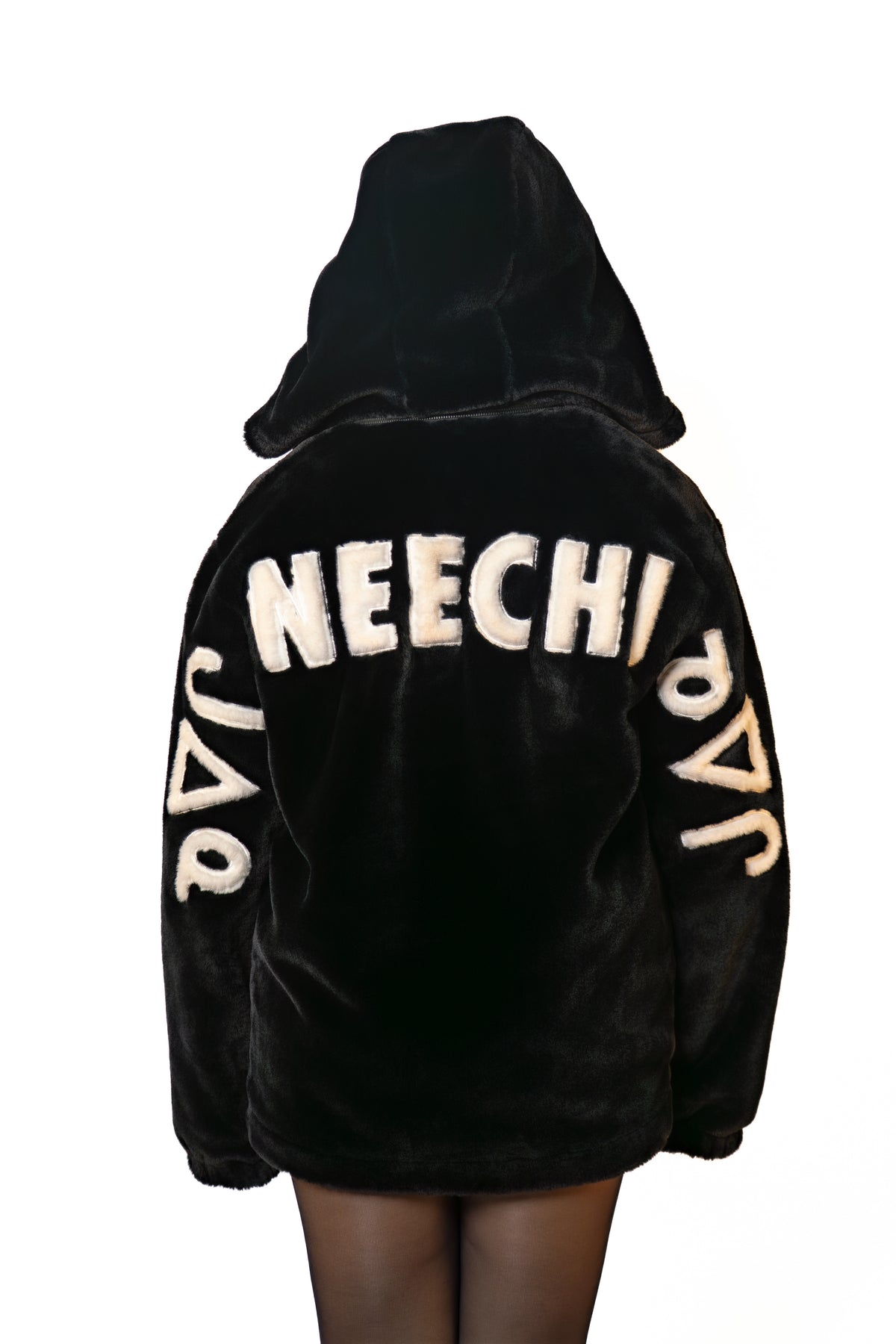 Faux Fur Jacket With Neechi Syllabics (Pre Order)