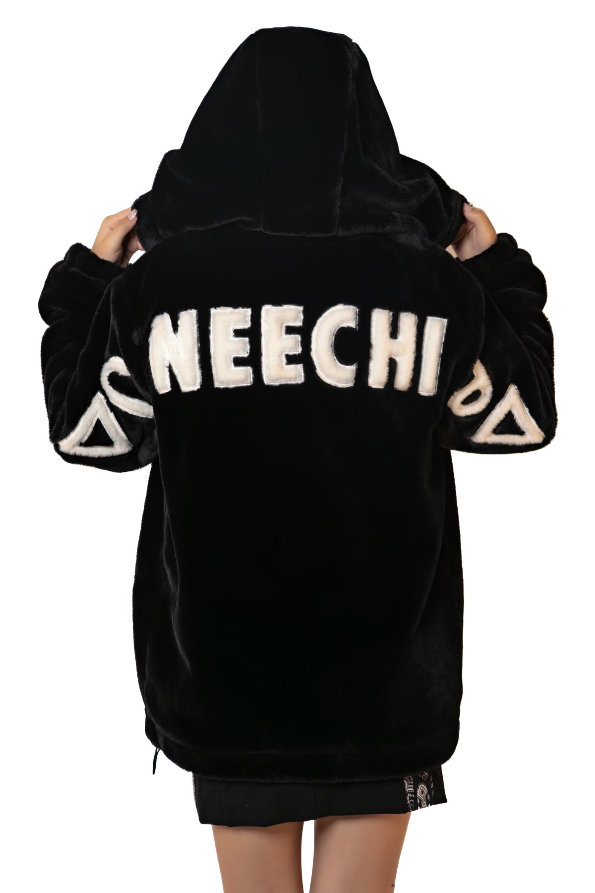 Faux Fur Jacket With Neechi Syllabics (Pre Order)