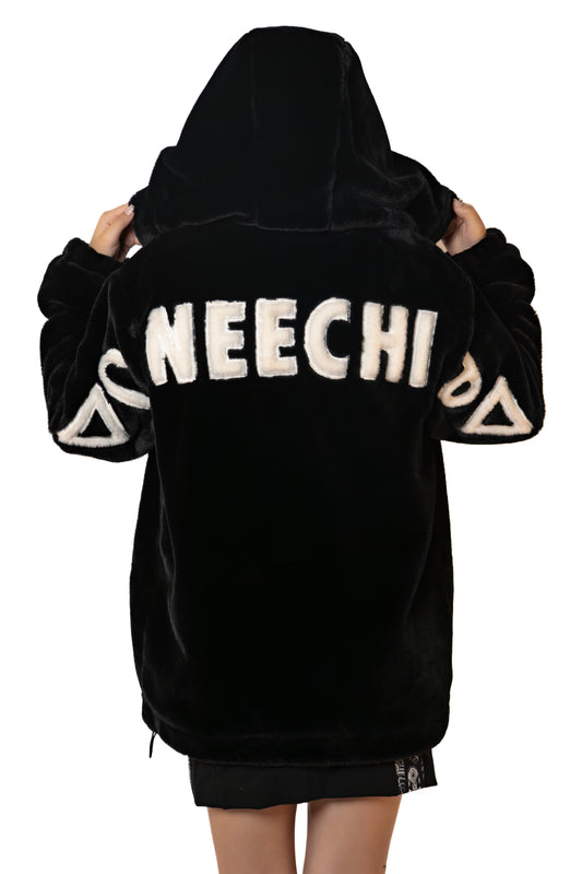 Faux Fur Jacket With Neechi Syllabics (Pre Order)
