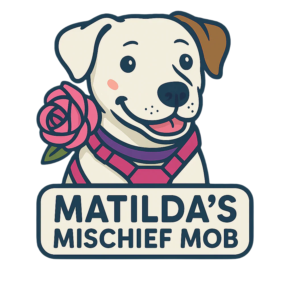 Cartoon American Bulldog with a pink rose and 'Matilda's Mischief Mob' text on a white background